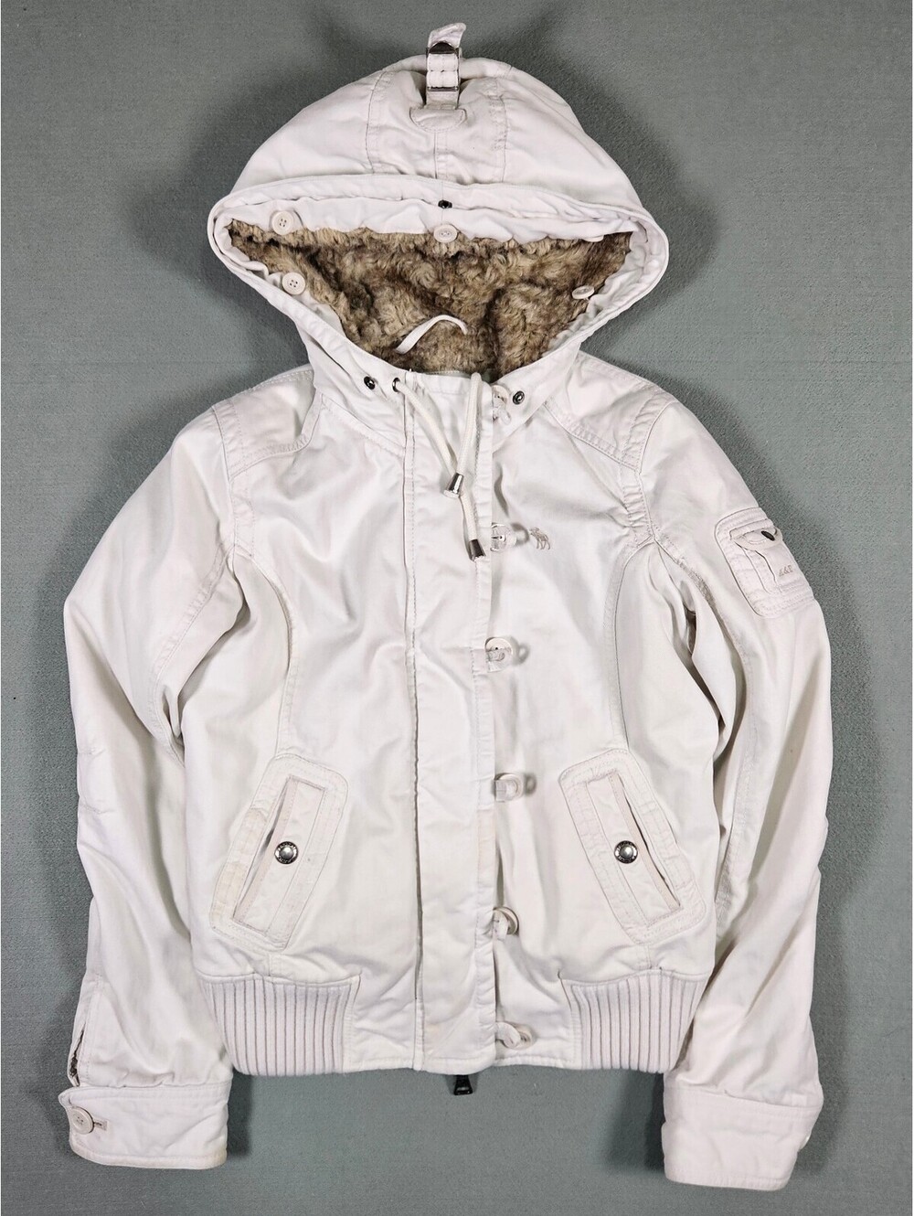 Abercrombie & Fitch White Faux Fur Lined Bomber Jacket S